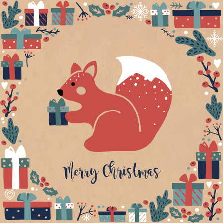 Square Vintage Christmas postcard with a squirrel, gifft boxes and the inscription MERRY CHRISTMASのイラスト素材