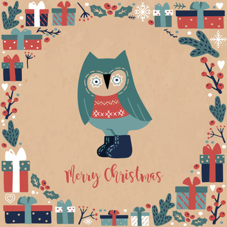 Square Vintage Christmas postcard with a owl, gifft boxes and the inscription MERRY CHRISTMASのイラスト素材