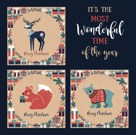 Vintage Christmas postcards with a deer, squirrel, polar bear and gifts and the inscription MERRY CHRISTMASのイラスト素材