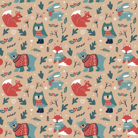 Christmas seamless background with with forest animals - bear, owl, squirrel, foxのイラスト素材