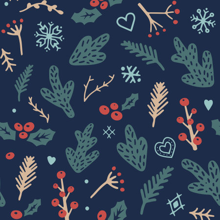 Christmas pattern with traditional plants and snowflakesのイラスト素材