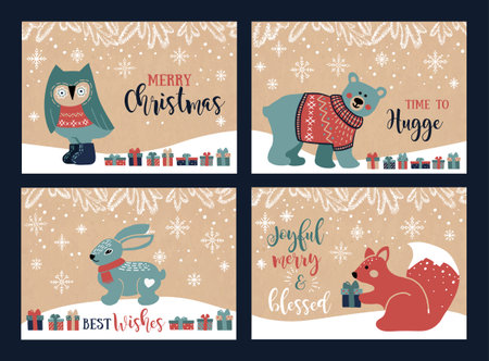Vintage Christmas postcards, hand-drawn on kraft paper with owl, bear, squirrel and hare and giftsの写真素材