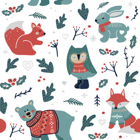 Christmas seamless background with forest animals - bear, owl, squirrel, foxのイラスト素材