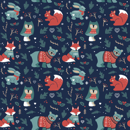 Christmas seamless background with forest animals - bear, owl, squirrel, foxのイラスト素材