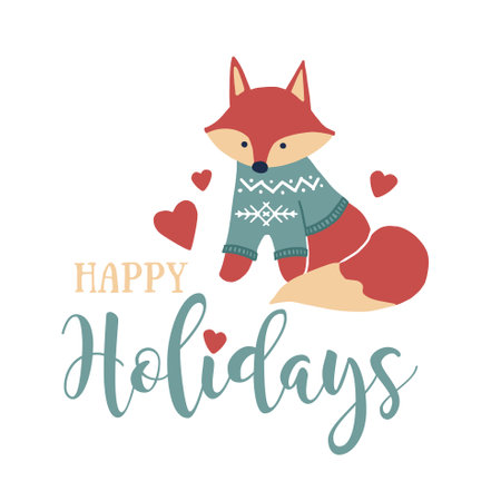 Happy holidays design template with hand-drawn vector foxのイラスト素材