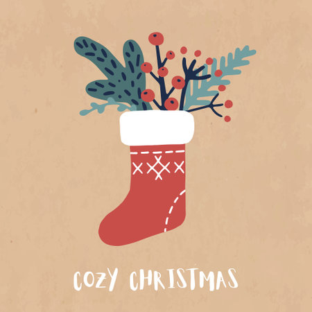 Vintage Christmas card template. Christmas sock with festive decorのイラスト素材