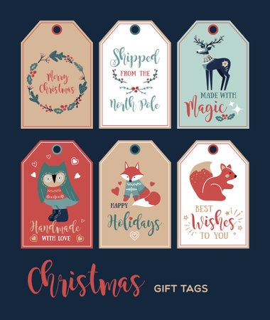 Set of cute Christmas gift tags in hand drawn doodle style. Vector greeting card designsのイラスト素材