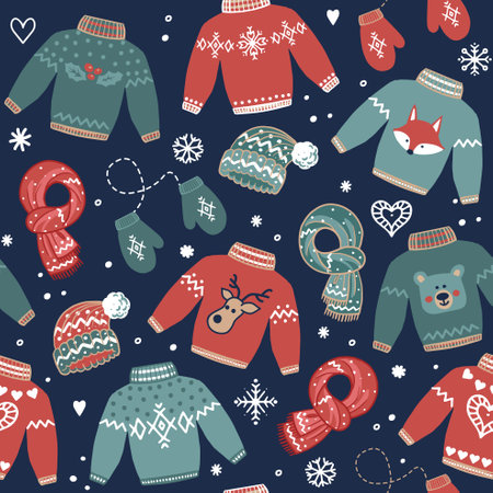 Christmas seamless background with ugly sweaters, scarves, hats and mittens.のイラスト素材