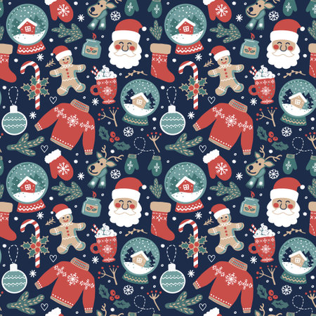 Christmas seamless background with ugly sweaters, santa, snow globe, deer, ginger man, candles, mittens and candy. Hand drawing in scandi styleのイラスト素材