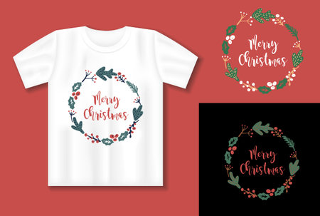 Merry Christmas quote. Vector lettering for t shirt, poster, card. Merry Christmas concept with t-shirt mockupのイラスト素材