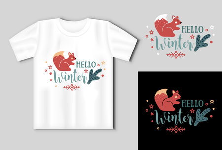 Hello winter quote. Vector lettering for t shirt, poster, card. Merry Christmas concept with t-shirt mockupのイラスト素材