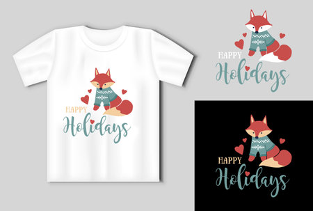 Happy Hollydays quote. Vector lettering for t shirt, poster, card. Merry Christmas concept with t-shirt mockupのイラスト素材