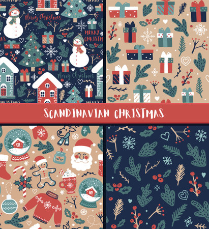 Christmas seamless background with ugly sweaters, santa, snow globe, deer, ginger man, candles, mittens and candyのイラスト素材