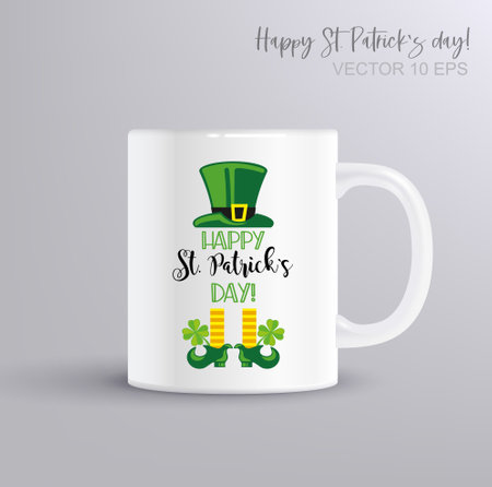 Happy st Patrick s day - lettering with leprechaun. Illustration with coffee mug mockupのイラスト素材