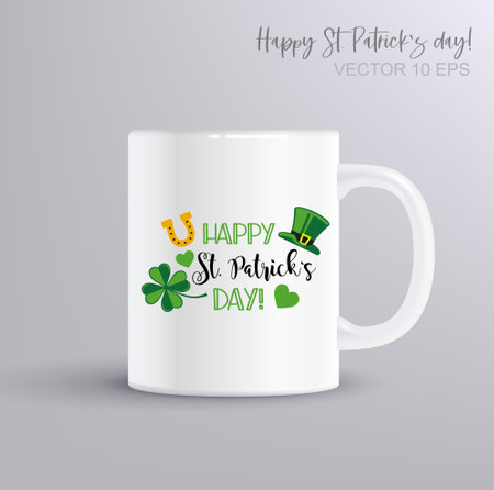 Happy St. Patricks Day. Design with typography, green hat, horseshoe and clover. Illustration with coffee mug mockupのイラスト素材