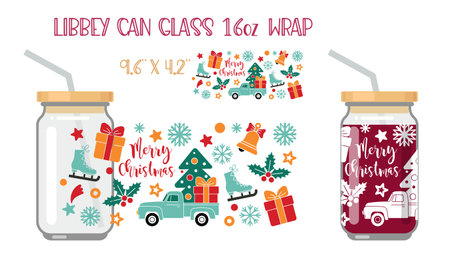 Printable Full wrap for libby class can. A pattern with Christmas symbols and farm truckのイラスト素材