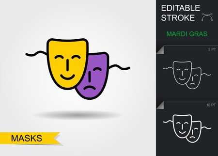 Comedy and tragedy masks. Line icon with editable stroke with shadowのイラスト素材