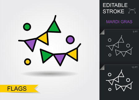 Mardi Gras triangle flags garland. Line icon with editable stroke with shadowのイラスト素材