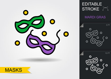 Mardi Gras masks. Line icon with editable stroke with shadowのイラスト素材