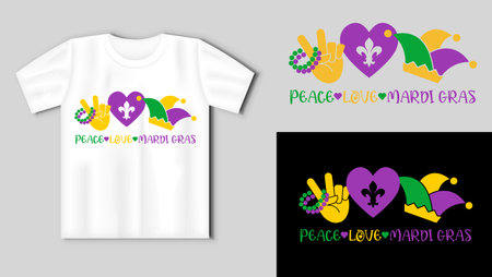 Peace, love, mardi gras. Vector lettering for t shirt, poster, card. Mardi Gras concept with t-shirt mockupのイラスト素材