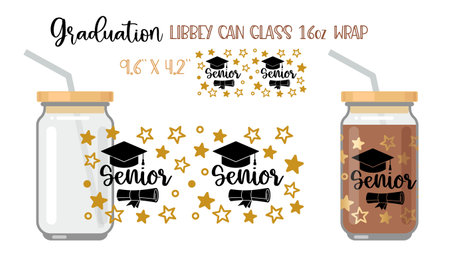 Printable Full wrap for libby class can. Senior pattern with graduate hat, scroll and stars.のイラスト素材