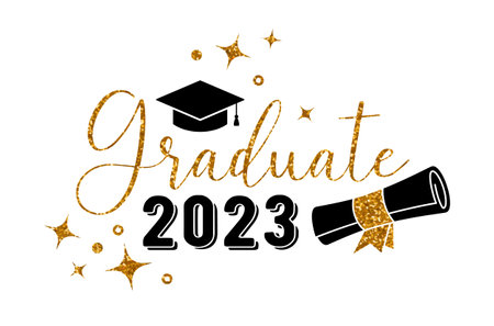 2023 Graduate . Trendy calligraphy golden glitter inscription with black hatのイラスト素材
