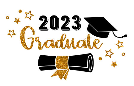 2023 Graduate . Trendy calligraphy golden glitter inscription with black hatのイラスト素材