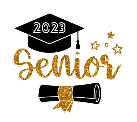 Senior 2023. Graduation congratulations at school, university or college. Trendy calligraphy golden glitter inscriptionのイラスト素材