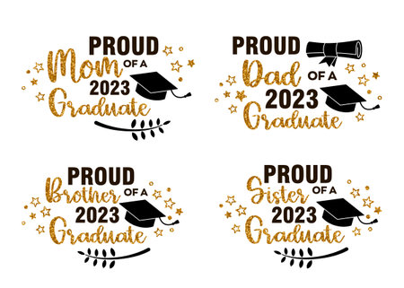 Proud family of a 2023 Graduate . Trendy calligraphy inscriptions with gold glitterのイラスト素材