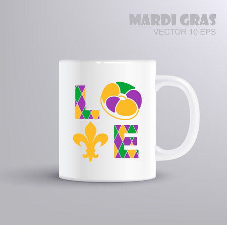Love. Vector lettering for t shirt, poster, card. Mardi Gras concept with mug mockupのイラスト素材