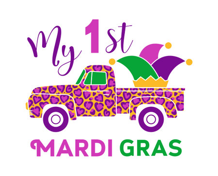 Mardi Gras design with farm truck and jester hat. My first Mardi Grasのイラスト素材