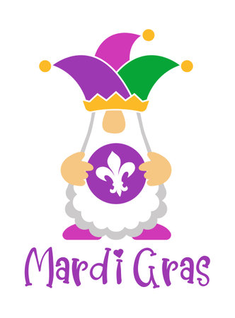 Mardi Gras Gnome in a jester hat holds a doubloonのイラスト素材
