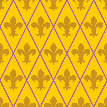 Mardi Gras seamless pattern with harlequin pattern and fleur-de-lis symbol.のイラスト素材