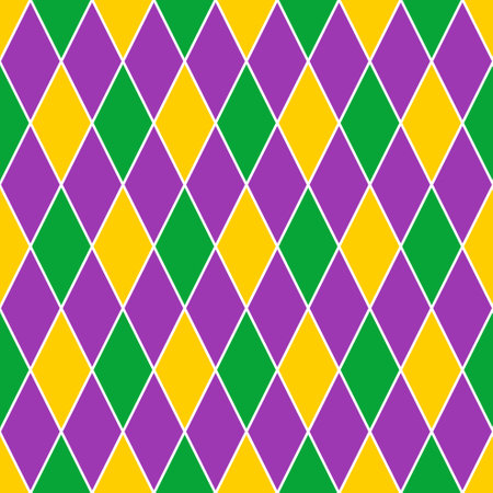 Mardi Gras seamless pattern with green, purple and yellow diamond. Abstract geometric background.のイラスト素材