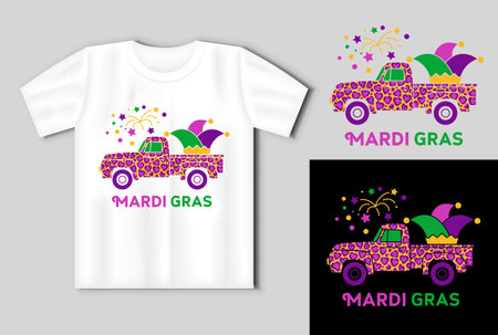 Mardi Gras t shirt design, Carnival celebration Vector design for poster, badge, emblem, art, element, isolated. Farm truck with jester hatのイラスト素材