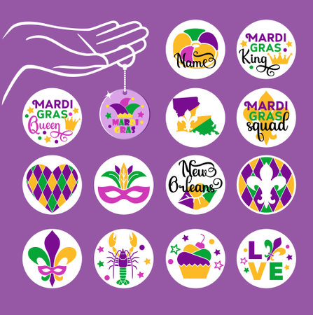 Mardi Gras phrases and symbols. Design templates for round keychainのイラスト素材