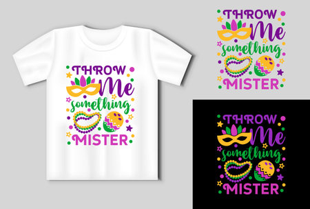 Throw me somethig mister. Mardi Gras design with carnival mask, beads and coconuts On the mockup of a T shirtのイラスト素材