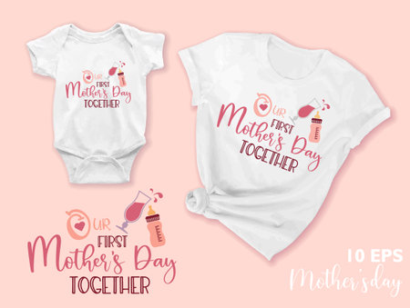 Our first Mothers Day together. Text template with a a bottle of milk and a cocktail. On the mockup t hirts and bodysuitのイラスト素材