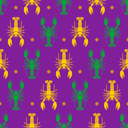 Mardi Gras seamless pattern with green and yellow crayfishのイラスト素材