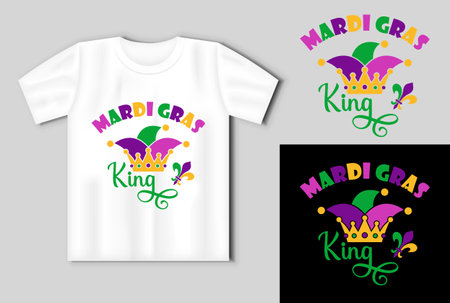Mardi Gras King. Mardi Gras design with crown, jester hat and fleur de lis On the mockup of a T shirtのイラスト素材