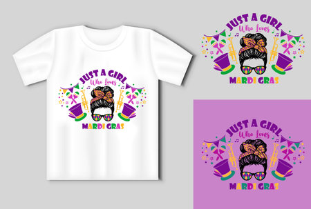 Mardi Gras vector design with messy bun. Just a girl who loves Mardi Gras. On the mockup of a T shirtのイラスト素材