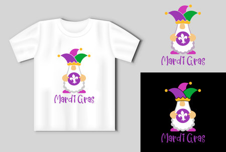 Mardi Gras Gnome in a jester hat holds a doubloon vector illustration. Fat Tuesday Clipart. On the mockup of a T shirtのイラスト素材