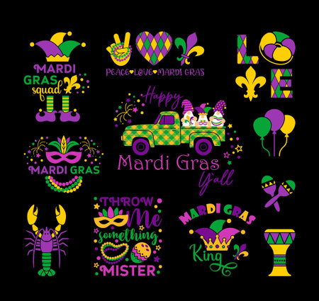 Mardi Gras carnival lettering quotes set in flat styleのイラスト素材
