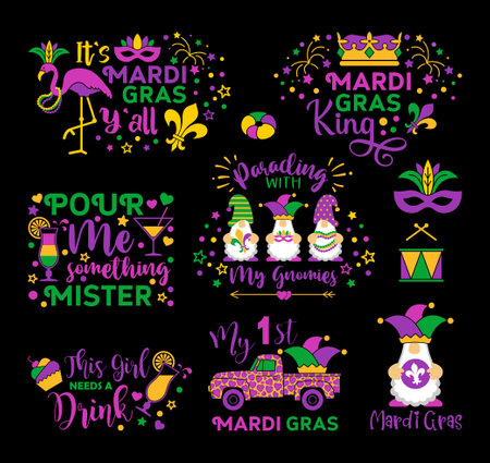 Mardi Gras carnival lettering quotes flat style. Collection mask with feathers, beads, jester hat, fleur de lisのイラスト素材