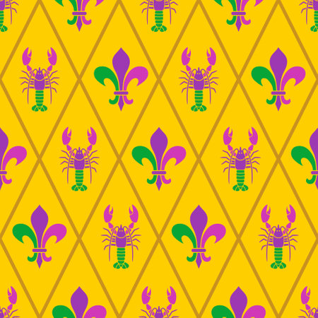 Mardi Gras seamless pattern with crayfish and fleur de lisのイラスト素材