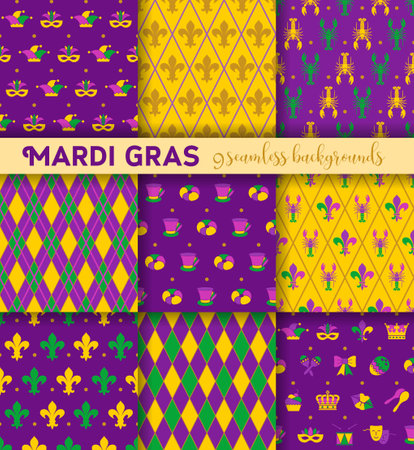 Mardi Gras seamless pattern with masks, jester s hats, crown an fleur de lis. Set of backgroundsのイラスト素材