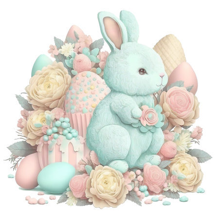 Cute Easter bunny among eggs, flowers and sweetsの写真素材