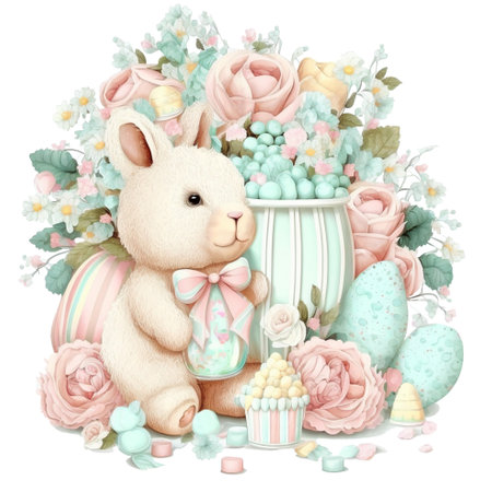 Cute Easter bunny among eggs, flowers and sweetsの写真素材