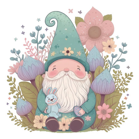An Easter gnome with a rabbit and an egg is sitting on a lawn among flowersの写真素材