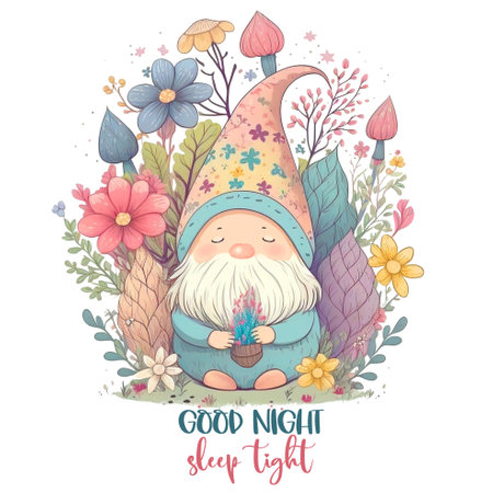 A sleepy gnome is sitting on the lawn among magic flowers Good night sleep tightの写真素材